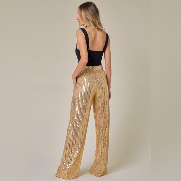 ✨ NEW Structured Wide-Leg Gold Sequin Pants | Glam Party Trousers ✨ - Picture 6 of 11